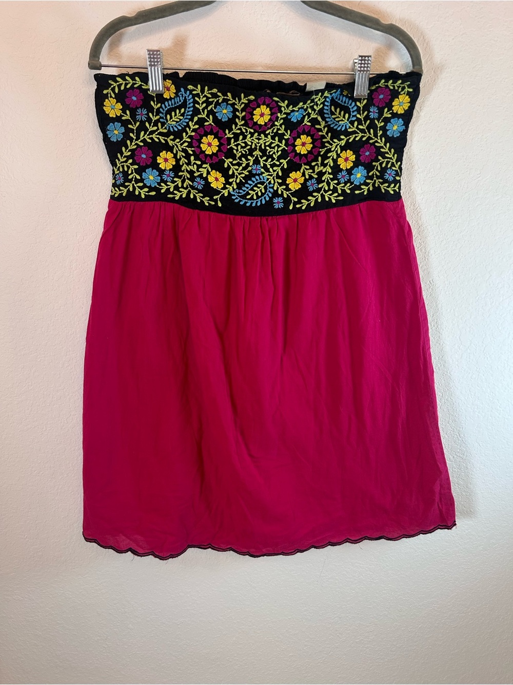 R Cinco Ranch cotton Embroidered Strapless Fuchsia Dress/ Tunic Floral boho M